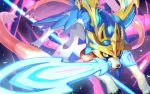  2020 abstract_background ambiguous_gender anamorphic_lens_flare black_claws blue_body canid canine claws crowned_sword_zacian digitigrade feral full-length_portrait glowing_sword legendary_pok&eacute;mon light lighting looking_at_viewer mammal melee_weapon metal_wings multicolored_eyes nintendo object_in_mouth pok&eacute;mon pok&eacute;mon_(species) portrait red_nose snout solo sword sword_in_mouth tapioca video_games weapon yellow_eyes zacian 