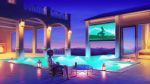  1girl blue_sky chair commentary controller energy_drink english_commentary flat_screen_tv game_controller highres holding lantern monster_energy mountain on_chair original outdoors pool railing shirt short_sleeves sitting sky solo sunset table television water white_shirt yoka1chi 