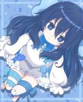  1girl black_hair blue_eyes bow doll_joints dress from_above highres joints leg_ribbon little_witch_nobeta long_hair looking_up pale_skin ribbon sitting sleeves_past_wrists solo tania_(little_witch_nobeta) thigh_ribbon thighs white_dress 