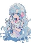  1girl absurdres beads blue_eyes blue_hair gen_7_pokemon hair_beads hair_ornament highres holding holding_microphone jewelry long_hair mameeekueya microphone midriff navel necklace personification pokemon primarina solo starfish_hair_ornament upper_body very_long_hair wrist_cuffs 