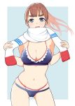  1girl :d bikini blue_background blue_bikini border breasts brown_hair cleavage contrapposto cowboy_shot double_bikini green_eyes hands_up hi_iro large_breasts looking_at_viewer navel open_mouth original round_teeth scarf simple_background smile solo swimsuit teeth upper_body white_border white_scarf 
