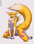  2020 anthro blue_eyes breasts chest_tuft digimon digimon_(species) dipstick_ears dipstick_tail facial_markings falvie featureless_breasts featureless_crotch female fluffy fluffy_tail fur gloves_(marking) head_markings markings multicolored_ears multicolored_tail nude pinup pose renamon simple_background solo tuft white_body white_fur yellow_body yellow_fur 