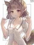  1girl animal_ears bangs breasts claw_pose cleavage eyebrows_visible_through_hair highres leyu maplestory medium_breasts navel shirt short_hair short_sleeves simple_background solo tail twitter_username white_background white_shirt wolf_ears wolf_tail 
