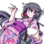  1girl 547th_sy akebono_(kantai_collection) bangs bell blush bowl chopsticks dated eyebrows_visible_through_hair flower hair_bell hair_flower hair_ornament highres holding holding_chopsticks japanese_clothes kantai_collection kimono long_hair obi purple_eyes purple_hair rigging sash signature simple_background solo white_background wide_sleeves yukata 