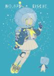  1girl absurdres air_tank astronaut_helmet backpack bag bandaid bandaid_on_leg black_gloves black_jacket blue_background constellation creature_and_personification eiscue eiscue_(ice) full_body gen_8_pokemon gloves highres jacket knee_pads looking_at_viewer mameeekueya number personification pokemon pokemon_(creature) pokemon_number shoes silver_hair simple_background skirt sneakers standing v white_skirt yellow_eyes yellow_footwear 