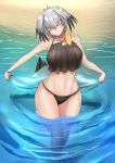  1girl bangs bare_arms bare_legs bare_shoulders beach bird_tail black_hair black_swimsuit breasts closed_mouth day eyebrows_visible_through_hair grey_hair hair_between_eyes hair_intakes head_tilt highres jewelry john_(a2556349) kemono_friends large_breasts long_hair looking_at_viewer multicolored_hair navel orange_hair outdoors partially_submerged pendant sand shell shoebill_(kemono_friends) sidelocks solo standing stomach swimsuit tail tankini water yellow_eyes 