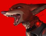  2020 angry bust_portrait canid canine clothing collar colored disney fangs fox fur green_eyes hi_res inner_ear_fluff mammal nick_wilde open_mouth orange_body orange_fur portrait red_background red_fox relaxable relaxablefur shirt shock_collar simple_background solo teeth tongue topwear tuft white_body white_fur zootopia 