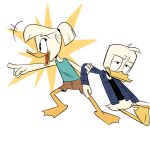  2020 4_fingers anatid anseriform anthro arm_grab avian beak bird bottomless bottomwear clothed clothing della_duck disney donald_duck duck ducktales ducktales_(2017) duo female fingers gesture hi_res male mebsann open_mouth open_smile pointing shirt shorts simple_background smile tank_top topwear white_background yellow_beak 