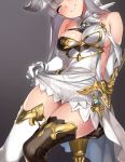  92m animal_ears bangs bare_shoulders blunt_bangs blush breasts come_hither dress dress_lift erune granblue_fantasy grey_eyes highres korwa medium_breasts mismatched_legwear parted_lips seductive_smile silver_hair sitting skindentation smile thighhighs thighs 