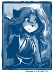  2020 anthro blue_and_white blush bracelet canid canine clothed clothing conditional_dnp dress female fox hand_up hi_res jewelry keidran laura_(twokinds) looking_aside mammal monochrome shy sketch smile solo tom_fischbach twokinds webcomic 