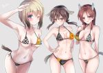  3girls absurdres animal_ears bikini blonde_hair blue_eyes breasts brown_eyes brown_hair collarbone commentary_request cowboy_shot dog_ears dog_tail erica_hartmann flag_print front-tie_top gertrud_barkhorn grey_background grin halterneck hands_on_hips highres leaning_forward long_hair looking_at_viewer martinreaction medium_breasts minna-dietlinde_wilcke multicolored multicolored_bikini multicolored_clothes multiple_girls print_bikini salute short_hair side-tie_bikini simple_background small_breasts smile standing strike_witches string_bikini swimsuit tail thigh_gap twintails world_witches_series 