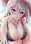  1girl azur_lane blue_sky blush breasts cleavage cloud covered_nipples cross cross_earrings earrings grey_hair hat highres jewelry large_breasts leaning_forward long_hair mole mole_on_breast multicolored_hair necklace prinz_eugen_(azur_lane) red_eyes red_hair sky solo straw_hat streaked_hair swimsuit touwa_iyo 