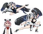  2girls ahoge animal_ears arknights breasts china_dress chinese_clothes cleavage_cutout clothes_around_waist dress evolvingmonkey eyewear_on_head fang feater_(arknights) fighting_stance flying_kick grey_hair highres jacket_around_waist kicking large_breasts mechanical_arms multicolored_hair multiple_girls nijisanji panda_hood pink_hair sasaki_saku streaked_hair sunglasses twintails white_background 