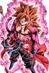  1boy aura big_hair bracelet chest closed_mouth commentary_request dragon_ball dragon_ball_heroes floating_rock fur highres jewelry looking_at_viewer male_focus muscle pink_fur red_hair serious solo son_gokuu son_gokuu_(xeno) spiked_hair standing super_saiyan super_saiyan_4 super_saiyan_god yellow_eyes youngjijii 