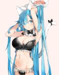  1girl absurdres animal_ears armpits arms_up bangs black_bow black_bra black_panties black_ribbon blue_eyes blue_hair blush bow bow_bra bra breasts brown_background cat_ears cat_girl cat_tail cleavage eyebrows_visible_through_hair eyes_visible_through_hair fang frilled_bra frilled_panties frills gloves groin hair_ornament hair_over_one_eye hairclip highres large_breasts long_hair looking_at_viewer navel panties parted_lips paw_gloves paws re:zero_kara_hajimeru_isekai_seikatsu rem_(re:zero) ribbon silver_(chenwen) simple_background solo tail tail_ribbon triangle_mouth underwear underwear_only very_long_hair white_gloves x_hair_ornament 