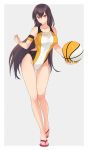  1girl alternate_costume armband ass_visible_through_thighs ball bangs bare_legs bare_shoulders basketball black_hair blush breasts closed_mouth collarbone commentary_request competition_swimsuit covered_navel eyebrows_visible_through_hair full_body groin hair_between_eyes highleg highleg_swimsuit highres holding holding_ball kantai_collection kasumi_(skchkko) large_breasts long_hair looking_at_viewer nagato_(kantai_collection) one-piece_swimsuit red_eyes sandals simple_background solo standing swimsuit two-tone_background very_long_hair 