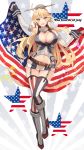  1girl america american_flag american_flag_print blonde_hair blue_eyes blush breasts cleavage collarbone elbow_gloves flag flag_print fourth_of_july full_body garter_straps gloves high_heels holding holding_flag iowa_(kantai_collection) kantai_collection kasumi_(skchkko) large_breasts long_hair looking_at_viewer messy_hair mismatched_legwear navel open_mouth rudder_footwear solo star-shaped_pupils star_(symbol) symbol-shaped_pupils thighhighs two-tone_skirt 