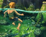  all_male animal barefoot blonde_hair cropped fish forest grass link_(zelda) male malin_falch pointed_ears ponytail robot ruins short_hair shorts the_legend_of_zelda topless tree underwater water 