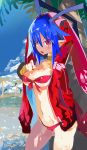  1girl absurdres ass_visible_through_thighs bare_legs beach bikini blue_sky blush breasts cleavage cloud cloudy_sky commentary cowboy_shot day disgaea fang hair_between_eyes highres hood hooded_jacket jacket jacket_on_shoulders jewelry laharl-chan looking_at_viewer makai_senki_disgaea medium_breasts midriff miyakawa106 navel neck_ring ocean open_clothes open_jacket open_mouth outdoors palm_tree pointy_ears red_bikini red_eyes red_jacket short_hair sky solo sweat swimsuit thighs tree underboob 