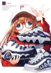  1girl :d bangs blue_eyes brown_hair commentary_request drawstring eyebrows_visible_through_hair fila glasses hair_between_eyes highres holding holding_footwear holding_shoes hood hood_down hoodie long_hair looking_at_viewer open_mouth original red-framed_eyewear red_hoodie shimesaba_kohada shoes simple_background smile sneakers solo upper_body visor_cap white_background white_footwear white_headwear 