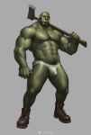  5_fingers 6suan abs areola axe biceps big_muscles body_hair boots brown_eyes bulge clothed clothing eyebrows fingers footwear genital_outline green_areola green_body green_nipples green_skin hi_res humanoid_pointy_ears jockstrap looking_at_viewer male melee_weapon muscular muscular_male navel nipples not_furry orc pecs penis_outline pubes quads serratus simple_background solo standing topless triceps tusks underwear v-cut weapon 