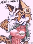  2003 3:4 anthro big_breasts blue_eyes breasts brown_body brown_fur clothing ear_piercing english_text erect_nipples felid feline female fur gesture gloves handwear j-fujita jacket looking_at_viewer low_res lynx mammal miyu_lynx nintendo nipples orange_body orange_fur piercing purple_eyes shirt simple_background solo spots spotted_body spotted_fur star_fox text topwear v_sign video_games white_background white_body white_fur 