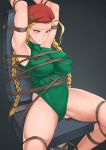  1girl ahoge armpits arms_up bare_shoulders bdsm beret blonde_hair blue_eyes bondage bound braid breasts cammy_white chair clenched_teeth covered_nipples fle_en garrison_cap green_leotard grey_background hat highres huge_ahoge large_breasts leotard restrained rope spread_legs street_fighter teeth thighs tied_up twin_braids 