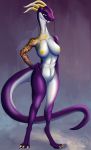  2020 3_toes anthro asian_mythology belly breasts claws digital_media_(artwork) digitigrade dragon east_asian_mythology eastern_dragon female genitals hi_res horn io_(anzuneth) long_tail medium_breasts mythology nipples nude purple_body purple_eyes pussy scalie scylez_art snout solo standing tattoo toes white_belly yellow_nipples 