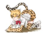  1girl all_fours animal_ears animal_print bangs black_hair blonde_hair boots bow bowtie cat_girl closed_mouth crossed_arms elbow_gloves extra_ears eyebrows_visible_through_hair full_body gloves highres kemono_friends kneehighs leopard_(kemono_friends) leopard_ears leopard_print leopard_tail long_hair looking_at_viewer microskirt multicolored_hair print_gloves print_legwear print_skirt shirt short_sleeves simple_background skirt smile solo tail tail_through_clothes tanabe_(fueisei) thighhighs twintails white_background white_hair yellow_eyes zettai_ryouiki 