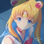  1girl bishoujo_senshi_sailor_moon blonde_hair blue_sailor_collar bow choker double_bun earrings hatsuzuki_527 highres jewelry long_hair magical_girl red_bow red_choker sailor_collar sailor_moon sailor_moon_redraw_challenge sailor_senshi_uniform solo tile_floor tiles tsukino_usagi twintails 