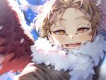  1boy bangs bird blue_sky blurry blurry_background blush boku_no_hero_academia brown_jacket commentary_request day face fur_collar fur_trim hawks_(boku_no_hero_academia) jacket lower_teeth open_mouth outdoors red_wings sal sky slit_pupils smile solo upper_teeth wings 
