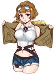  1girl bare_shoulders blush boxreeema breasts brown_hair cropped_legs denim denim_shorts eyewear_on_head fur-trimmed_jacket fur_trim girls_frontline grizzly_mkv_(girls_frontline) groin highres jacket large_breasts looking_at_viewer medium_breasts navel open_clothes open_jacket purple_eyes short_hair shorts smile solo white_background 