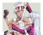  1boy 1girl bandages blue_hair bruise chunsik_kof fingerless_gloves gloves highres injury k&#039; kula_diamond long_hair sunglasses the_king_of_fighters white_hair 