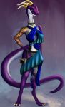  2020 3_toes anthro asian_mythology belly breasts claws clothed clothing digital_media_(artwork) digitigrade dragon east_asian_mythology eastern_dragon female fully_clothed hi_res horn io_(anzuneth) long_tail medium_breasts midriff mythology purple_body purple_eyes scalie scylez_art snout solo standing tattoo toes white_belly 
