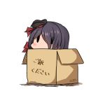  1girl ariake_(kantai_collection) beret black_hair black_headwear box cardboard_box dated hair_over_one_eye hat hatsuzuki_527 in_box in_container kantai_collection long_hair simple_background solid_oval_eyes solo translated twitter_username white_background 