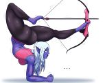  1pervydwarf arrow big_butt blue_body blue_skin bodily_fluids bow_(weapon) breasts butt elf female hi_res humanoid not_furry phoebe_(1pervydwarf) ranged_weapon red_eyes simple_background solo sweat weapon white_background yoga_pants 