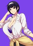  1girl bangs black_hair bra breasts cleavage collared_shirt grin hairband highres huge_breasts open_clothes open_shirt original pleated_skirt purple_background purple_bra purple_eyes shirt short_hair skirt smile sweater tied_sweater unbuttoned unbuttoned_shirt underwear white_hairband white_shirt yellow_sweater yugo_(yugotme97) 