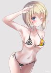 1girl absurdres bikini blonde_hair blue_eyes breasts collarbone cowboy_shot erica_hartmann flag_print front-tie_top grey_background grin highres leaning_forward looking_at_viewer martinreaction salute short_hair side-tie_bikini simple_background small_breasts smile solo strike_witches swimsuit thigh_gap world_witches_series 