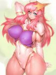  1girl arm_up breasts fumio_(rsqkr) gundam gundam_seed highres large_breasts long_hair looking_at_viewer meer_campbell pink_hair smile solo thick_thighs thighs very_long_hair yellow_background 