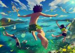  3boys animal anklet back bare_arms barefoot bird brown_hair caustics child cloud commentary_request day dive diving_mask feet flower foreshortening from_behind jewelry jumping lens_flare male_focus male_swimwear multiple_boys noeyebrow_(mauve) ocean original outstretched_arms seagull shirt shirtless short_sleeves signature sky snorkel spread_arms summer sun swim_trunks swimwear t-shirt yellow_flower 