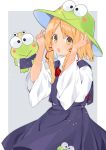  1boy 1girl akagashi_hagane alternate_headwear animal_print blonde_hair blue_skirt blue_vest blush_stickers commentary_request cosplay cowboy_shot frog_print green_headwear grey_background hair_ribbon hands_up hasunoue_keroppi kero_kero_keroppi long_hair looking_at_viewer moriya_suwako moriya_suwako_(cosplay) red_neckwear red_ribbon ribbon shirt skirt touhou turtleneck vest white_shirt wide_sleeves yellow_eyes 