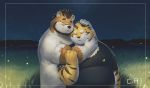 2020 anthro belly cai1448331577 clothing detailed_background duo eyes_closed felid hi_res hug kemono male male/male mammal night outside overweight overweight_male pantherine shirt tiger topwear 