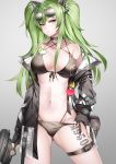  ! 1girl absurdres bikini black_bikini blush breasts breasts_apart calico_m950 contrapposto eyewear_on_head fingerless_gloves girls_frontline gloves green_eyes green_hair grey_background hair_between_eyes hand_on_hip highres long_hair lubikaya1 m950a_(girls_frontline) medium_breasts navel solo swimsuit swimsuit_under_clothes thigh_strap thighs twintails 