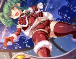  1girl :d breasts building cameltoe elbow_gloves gloves green_hair hajime_shindo navel night open_mouth outdoors over_shoulder red_gloves red_legwear sack santa_costume short_hair short_shorts short_twintails shorts small_breasts smile snowing thighhighs twintails yuu-gi-ou 