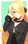  1girl black_coat blonde_hair breasts cleavage closed_mouth coat commentary_request eyelashes fur-trimmed_coat fur_collar fur_trim green_background hair_ornament hair_over_one_eye hand_up light_blush long_hair long_sleeves mituyota_76 pokemon pokemon_(game) pokemon_dppt shiny shiny_hair shirona_(pokemon) smile solo two-tone_background 