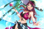  1girl blue_sky bracelet breasts brown_hair cleavage day dorothea_arnault earrings fire_emblem fire_emblem:_three_houses fire_emblem_heroes green_eyes hat highres holding jewelry long_hair open_mouth outdoors palm_tree pppepetps sky solo swimsuit tree water 