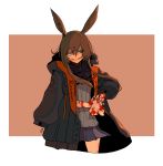  1girl alternate_color amiya_(arknights) animal_ears aqua_eyes arknights blood blood_on_face bloody_hands brown_hair bunny_ears bunny_girl commentary_request elsi evil_grin evil_smile grin highres hood hooded_jacket jacket long_hair multiple_rings open_clothes reunion_logo_(arknights) skirt smile solo what_if 