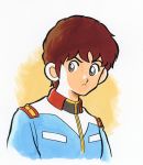  1boy adachi_mitsuru_(style) amuro_ray brown_hair frown grey_eyes gundam male_focus mobile_suit_gundam simple_background solo tanaka_keiichi uniform upper_body 