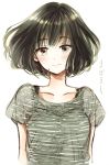  1girl bangs black_hair blush bob_cut breasts brown_eyes closed_mouth commentary_request eyebrows_visible_through_hair green_shirt looking_at_viewer original pale_skin shirt short_hair simple_background sketch smile solo sugano_manami upper_body white_background 
