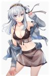  1girl bikini black_bikini black_headband black_sarong blue_eyes breasts cleavage clothes_writing collarbone cowboy_shot eyebrows_visible_through_hair grey_jacket hachimaki hair_between_eyes headband jacket kantai_collection kasumi_(skchkko) long_hair long_sleeves medium_breasts one_side_up open_clothes open_jacket sarong silver_hair smile solo suzutsuki_(kantai_collection) swimsuit zipper zipper_pull_tab 